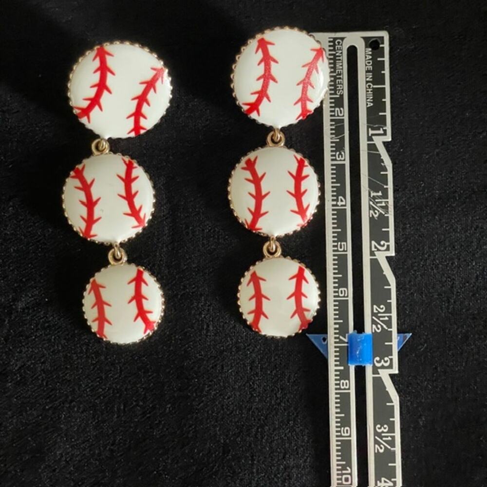 Triple Baseball Dangle Earrings Sports Fan Statement Jewelry Gold Quirky Sporty